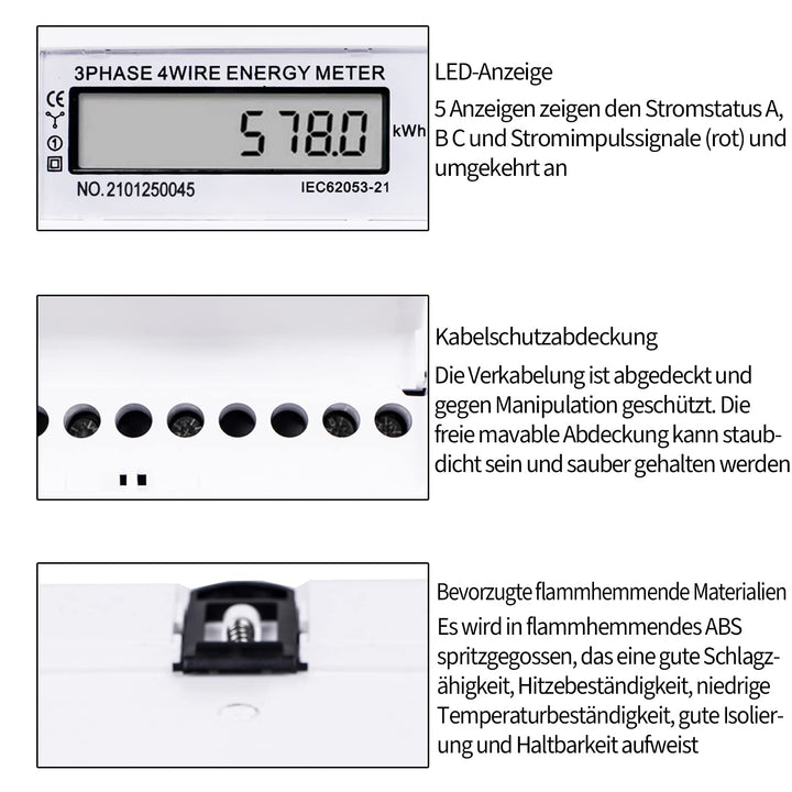 MIRTHBUY Digitaler Drehstromzähler Stromzähler mit LCD, 3-Phasen-4-Draht, Wechselstromzähler,Geeicht