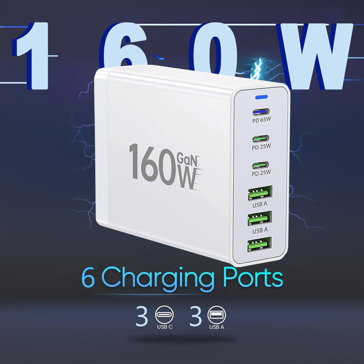 USB C Ladegerät,160W GaN 6 Port Mehrfach Ladestation,Schnellladegerät PD USB C Desktop Ladegerät kom