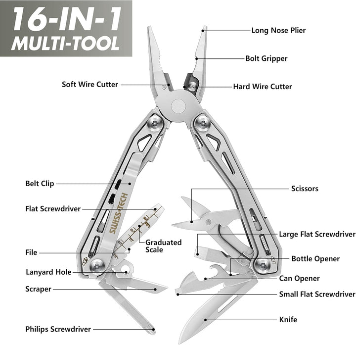 Swiss+Tech Multitool 16 in 1, Multifunktionszange Edelstahl Faltbares Multifunkstionswerkzeug Multif