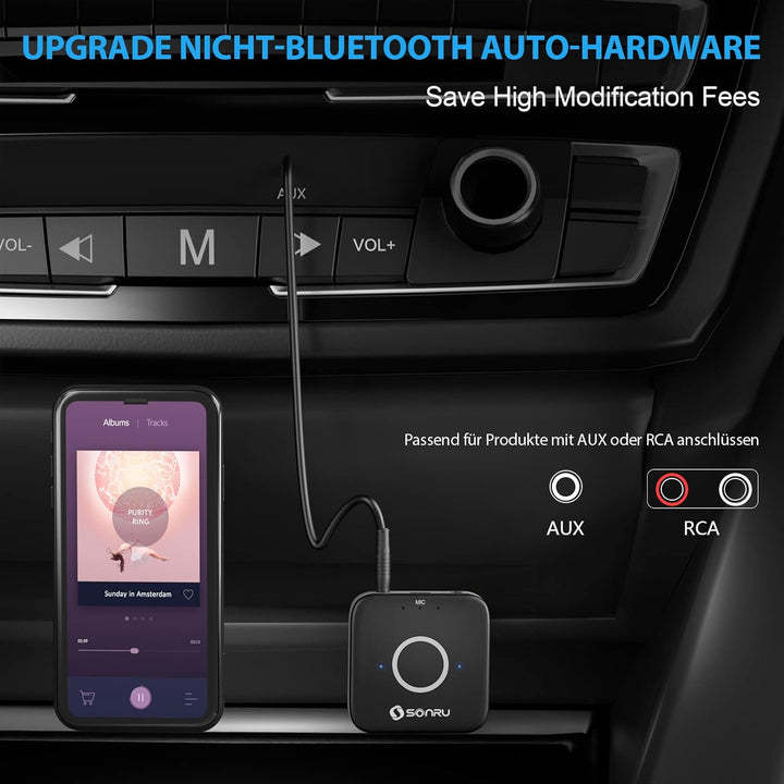 Aux Bluetooth 5.3 Adapter Stereoanlage, SONRU Bluetooth Empfänger Receiver Audio Adapter mit Aux 3.5
