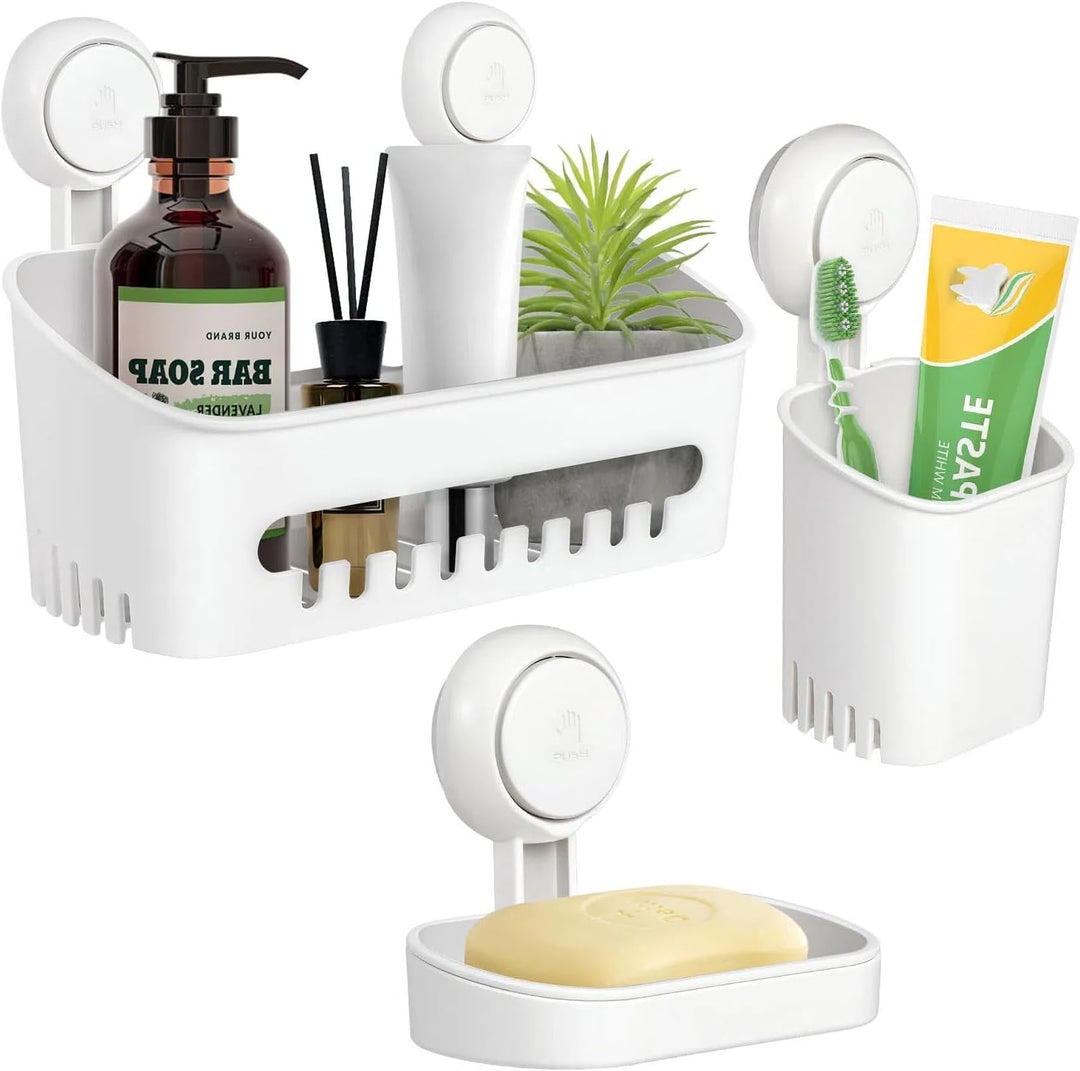 Uten Duschablage ohne bohren & Seifenschale Saugnapf & Zahnbürstenhalter, 3-in-1- Badezimmerablagen