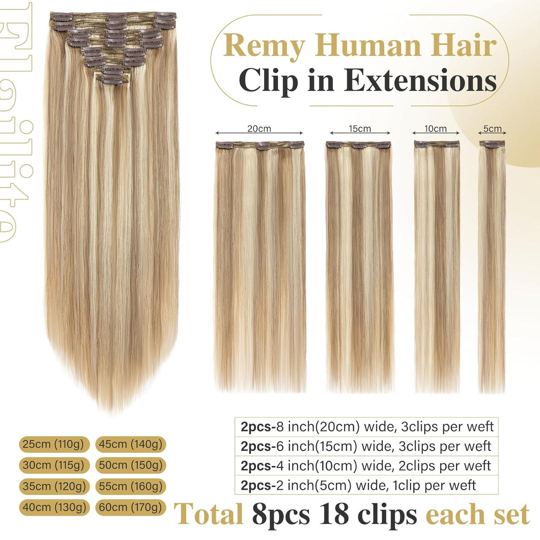 Elailite 8 Teile Set Clip in Extensions Echthaar, 56CM Haarverlängerung Natürliches Haar Glatt, 160g