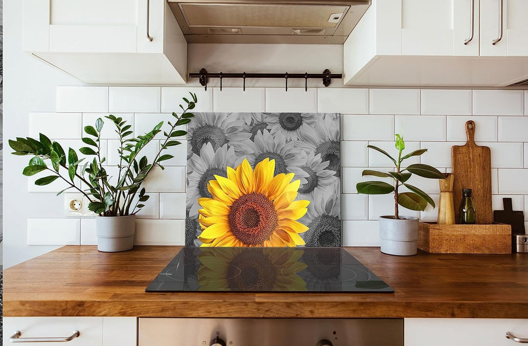 schöne Sonnenblumen Herdabdeckplatte & Spritzschutz aus Echtglas | Für Herd-Kochfelder | 60x52 cm