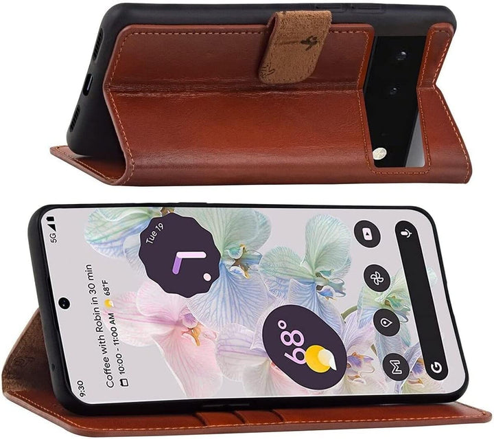 Suncase Book-Style Hülle kompatibel mit Google Pixel 7A 5G Leder Tasche (Slim-Fit) Lederhülle Handyt