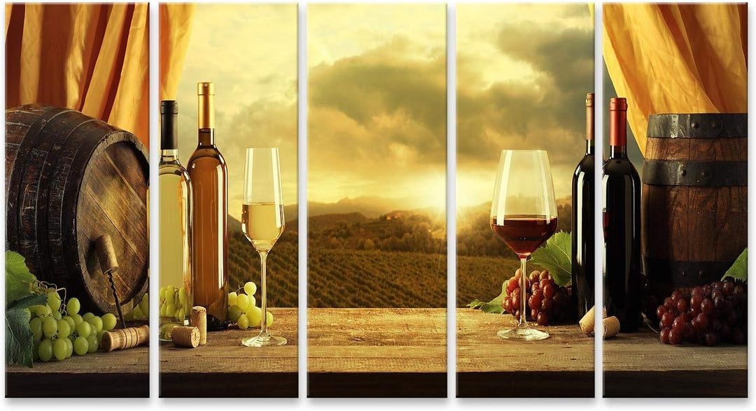 islandburner Bild auf Leinwand Weinflaschen Fässer Weinberg Sonnenuntergang Wandbild Poster Kunstdru