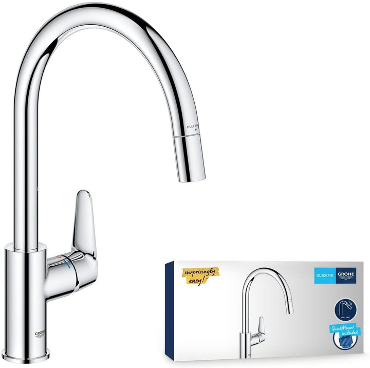 GROHE StartCurve - Einhand- Spültischarmatur (hoher Auslauf, herausziehbare Mousseurbrause, Schwenkb