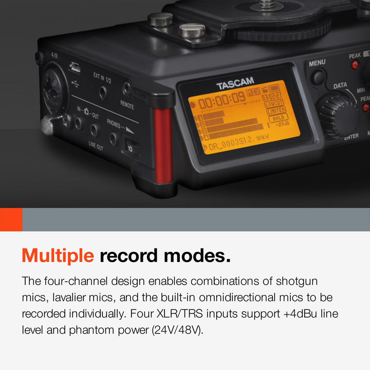 TASCAM Tragbarer 4-Kanal-Audio-Recorder für Videofilmer, 4 Kombi-XLR/TRS-Eingänge, 2 interne Mikrofo