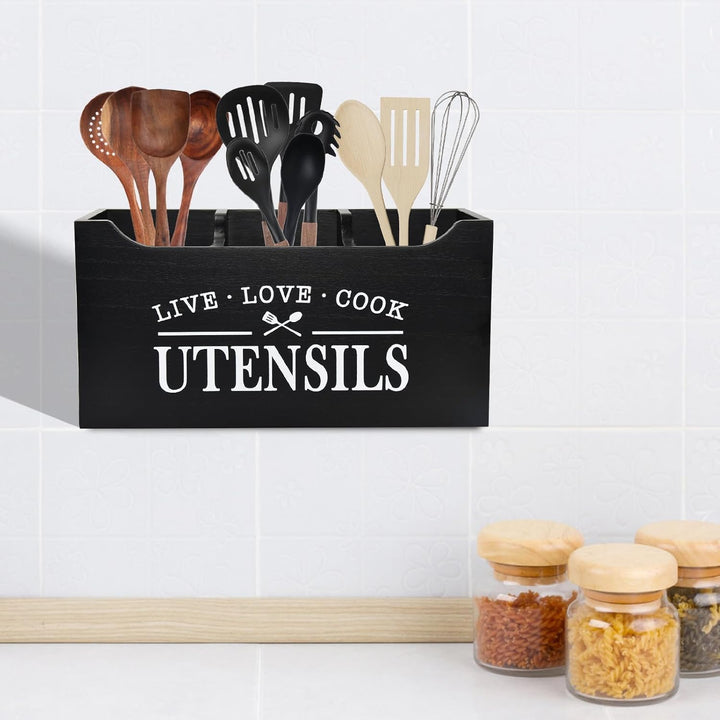 Karisky Kitchen Utensilhalter mit Entwässerungboden, grosse 3 Fächer fester echtes Holz Utensil Orga