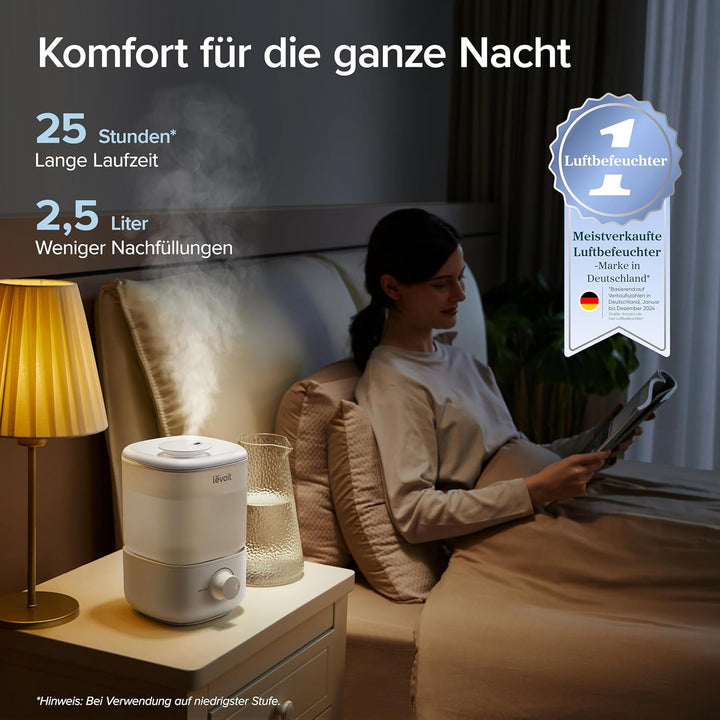 LEVOIT 2,5L Mini Luftbefeuchter bis 25H für Schlafzimmer Kinderzimmer, 26dB leise Top-Fill Humidifie