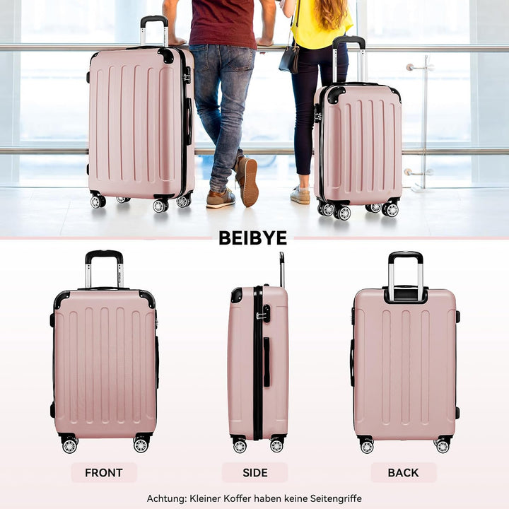 BEIBYE Hartschalen-Koffer Trolley Rollkoffer Reisekoffer Handgepäck 4 Rollen (M-L-XL-Set) (Rosa Gold