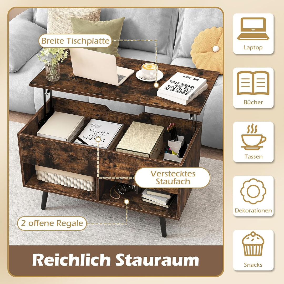 COSTWAY Couchtisch höhenverstellbar, Sofatisch mit anhebbarer Tischplatte & 2 offenen Regalen, auszi