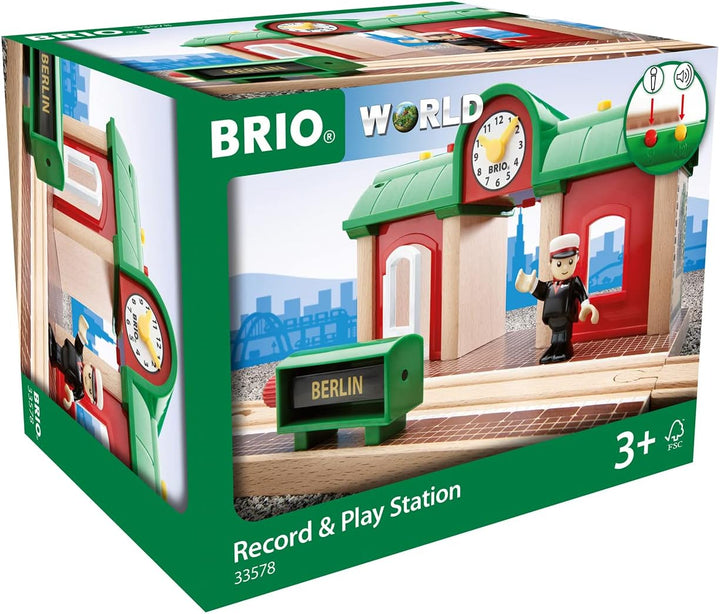 BRIO World 33578 Sprechender Bahnhof - BRIO Eisenbahn Zubehör mit Aufnahmefunktion - Kleinkinderspie