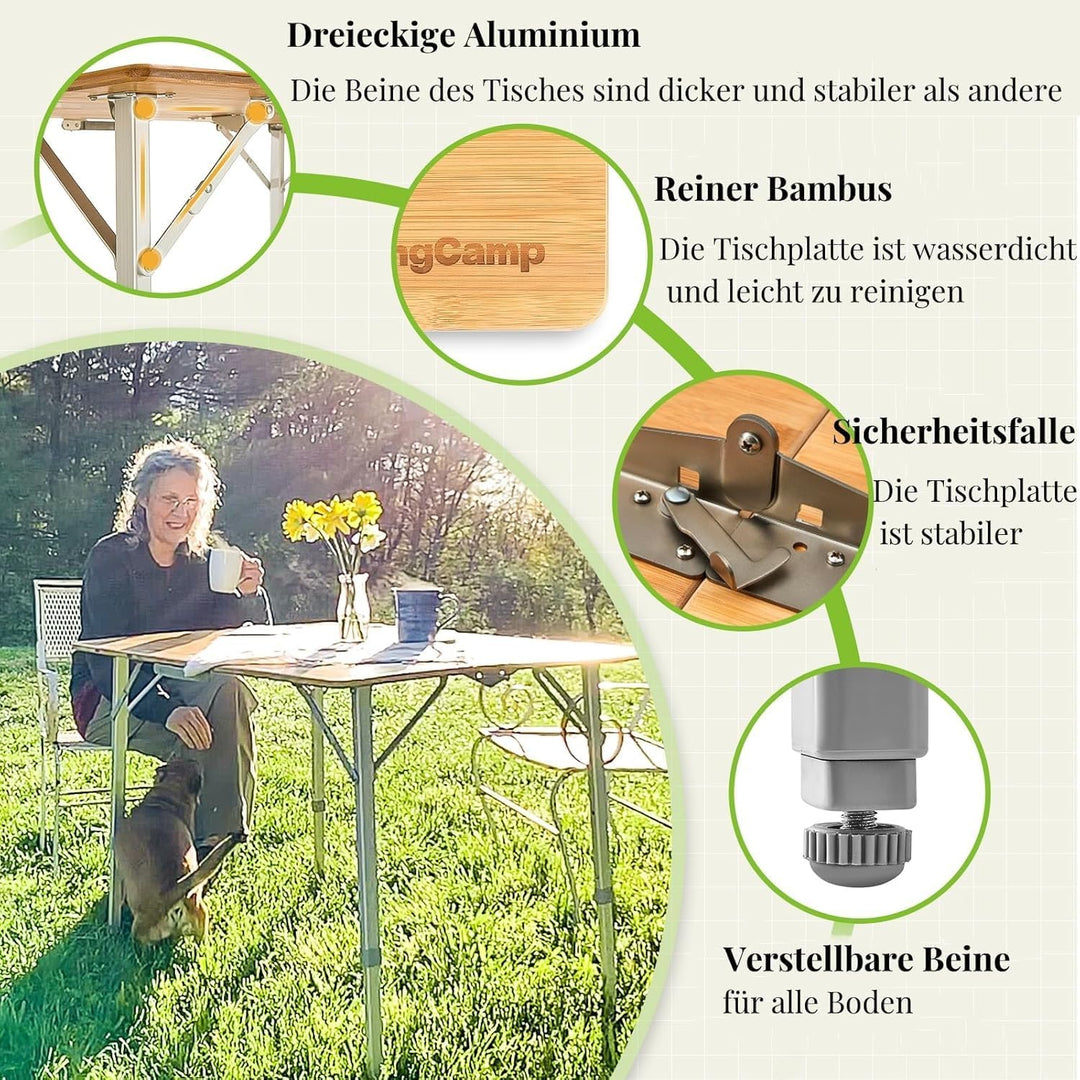 KingCamp Bambus Campingtisch Klapptisch mit 3 verstellbaren Höhen 4 Personen / 6 Personen Gelb (100