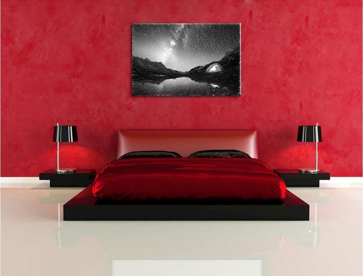 Pixxprint Zelten unter tausenden Sternen / 100x70cm Leinwandbild bespannt auf Holzrahmen/Wandbild Ku