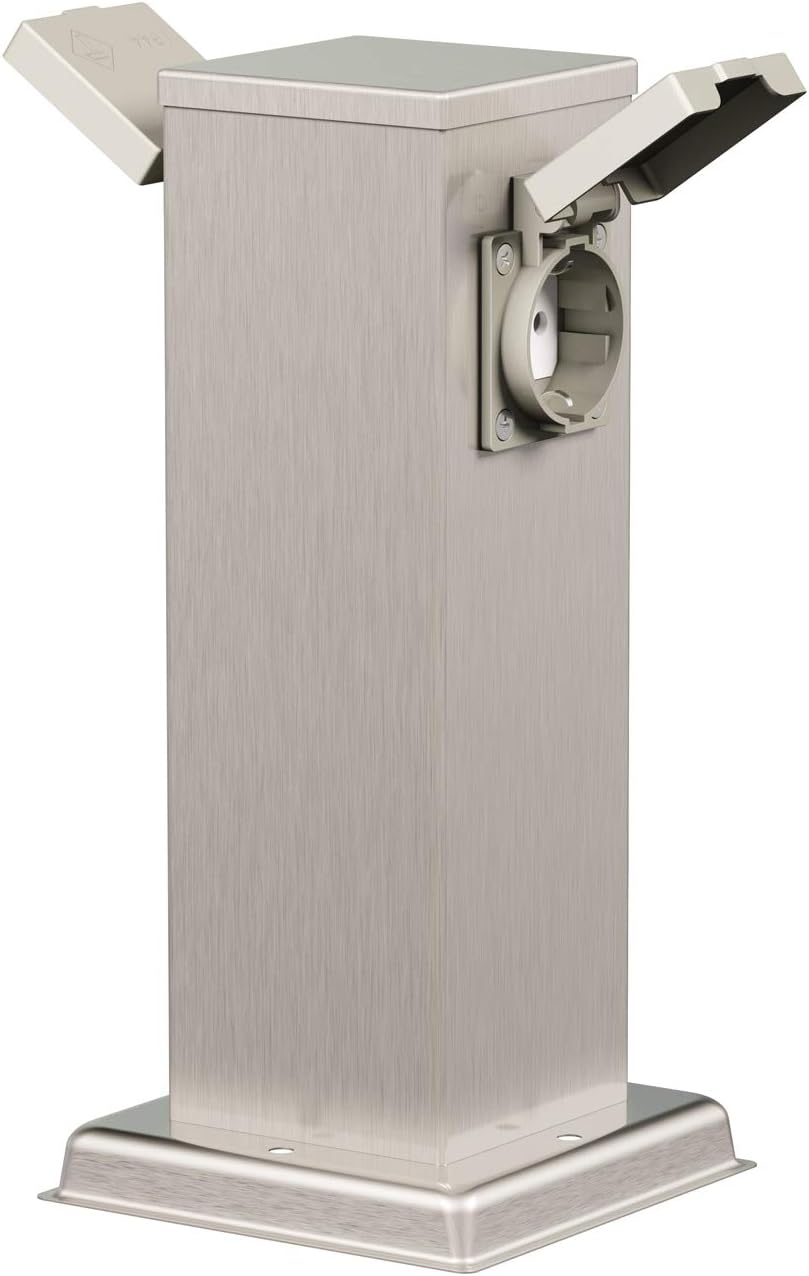 ledscom.de Garten-Steckdosen-Säule Polly mit Erdspiess für aussen, 2-Fach, Edelstahl, eckig, 27cm 1