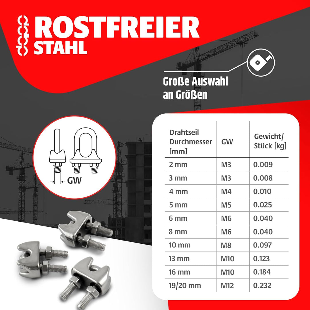 5m DRAHTSEIL EDELSTAHLSEIL SET 8mm 7x19 + 4 Bügel 8mm V4A Stahlseil Inox VA Seil Rostfrei Klemmen