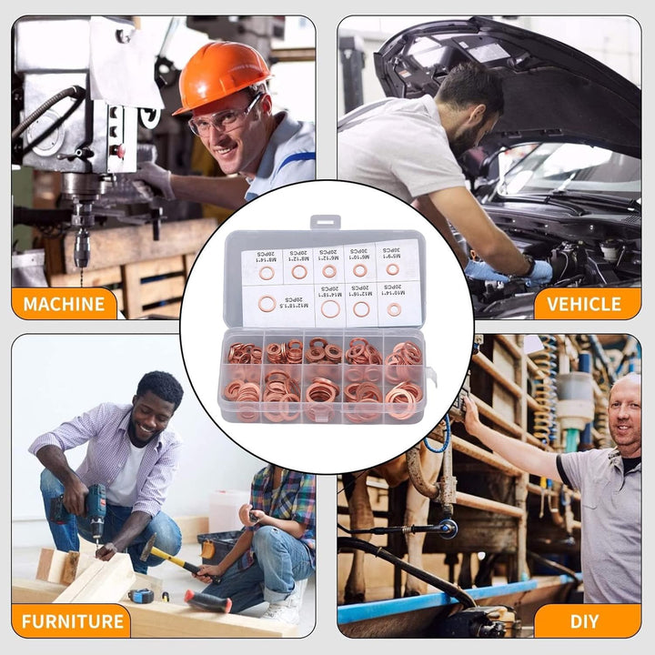 200 Stück Ölablassschrauben-Dichtung aus Rotem Kupfer, 9 Arten Dichtungsscheiben-Set mit Wärmebehand