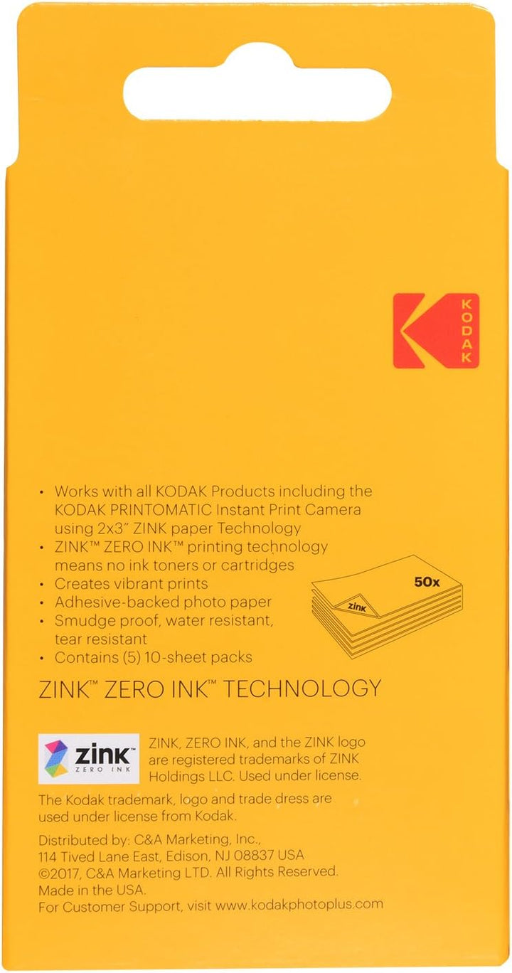 Kodak Zink Premium 2X3-Zoll-Fotopapier (50 Blatt) kompatibel mit Kodak Lächle, Kodak Schritt, Printo
