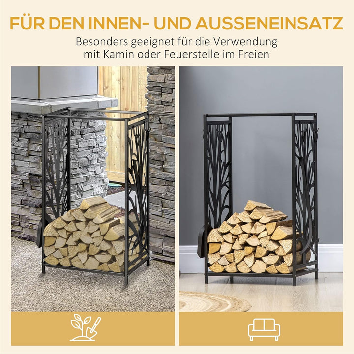 HOMCOM Kaminholzständer mit Kaminbesteck, Brennholzregal, Feuerholzablage, Kaminwerkzeug, Stahl Schw