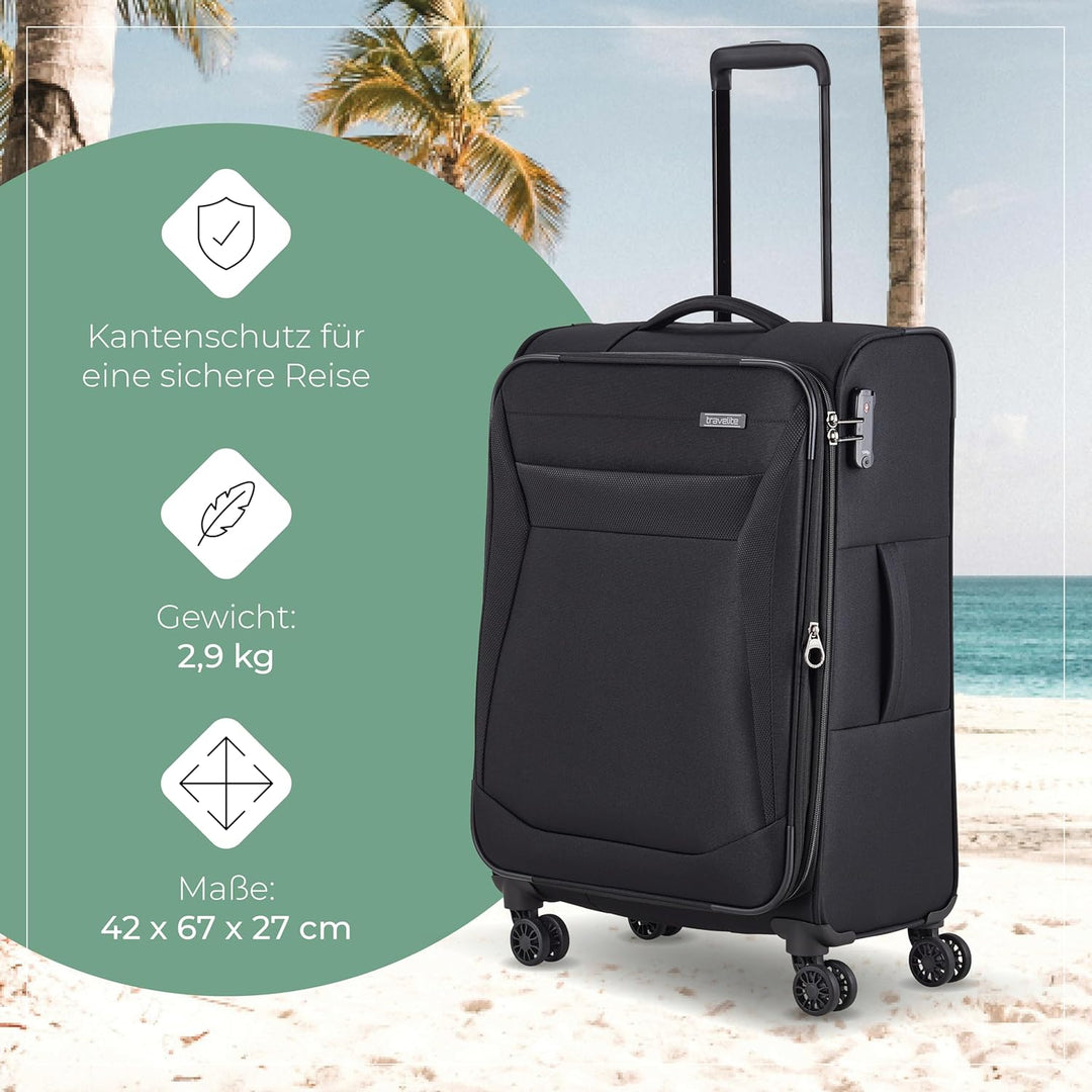 travelite 4-Rad Koffer Grösse M Weichschale, Gepäck Serie CHIOS mit Dehnfalte + Kantenschutz, Trolle