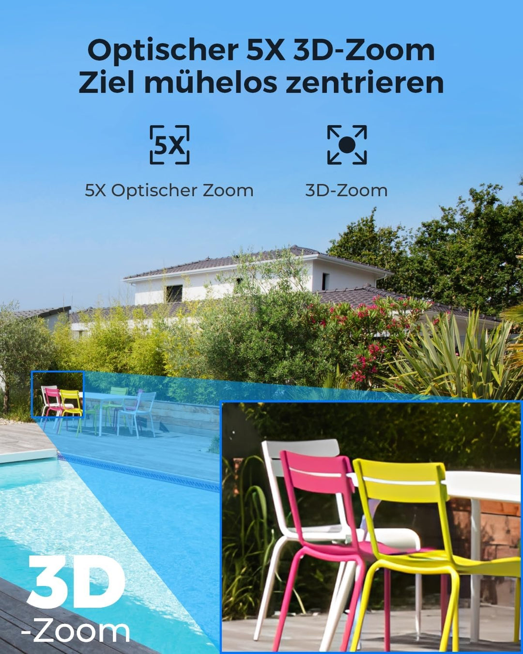 Reolink 4K 8MP UHD PTZ Outdoor Überwachungskamera PoE mit 5X 3D optischem Zoom, Auto-Tracking, Farbn