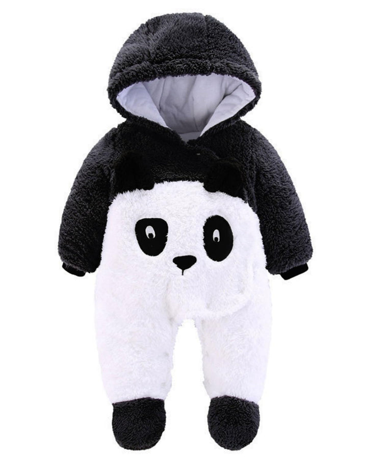 Baby Overalls mit Kapuze Winter Flanell Strampler Spielanzug mit Füsse Karikatur Jumpsuit, Pandabär