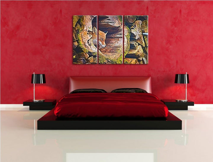 Fuchs im Baumstamm Spezial 3-Teiler Leinwandbild 120x80 Bild auf Leinwand, XXL riesige Bilder fertig