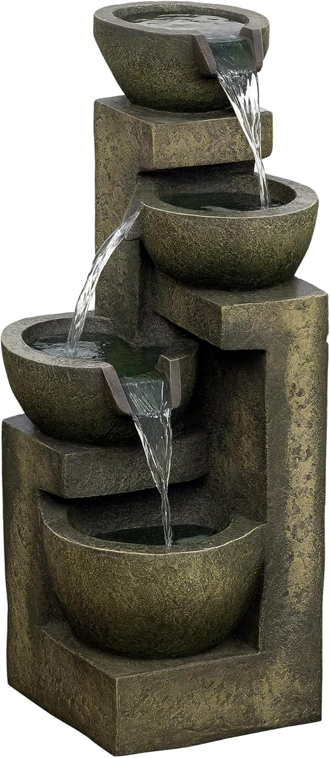 Outsunny Gartenbrunnen, Springbrunnen mit Einstellbarer Strömung, 4 Stufen Zierbrunnen, Wasserspiel,