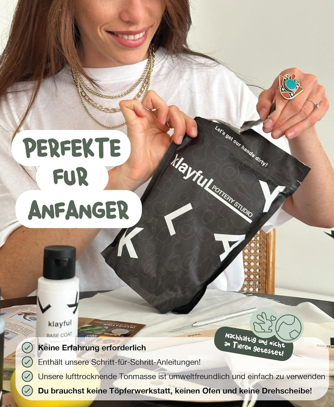 KLAYFUL Ton Töpferset für Anfänger für zu Hause - Lufttrocknend. Das Kit enthält: 3 kg weissen Ton,