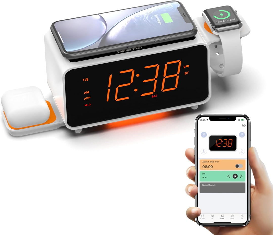 Digitaler Radiowecker mit Kabelloser Ladestation, 15W Fast Wireless Charger for iPhone/Samsung Galax