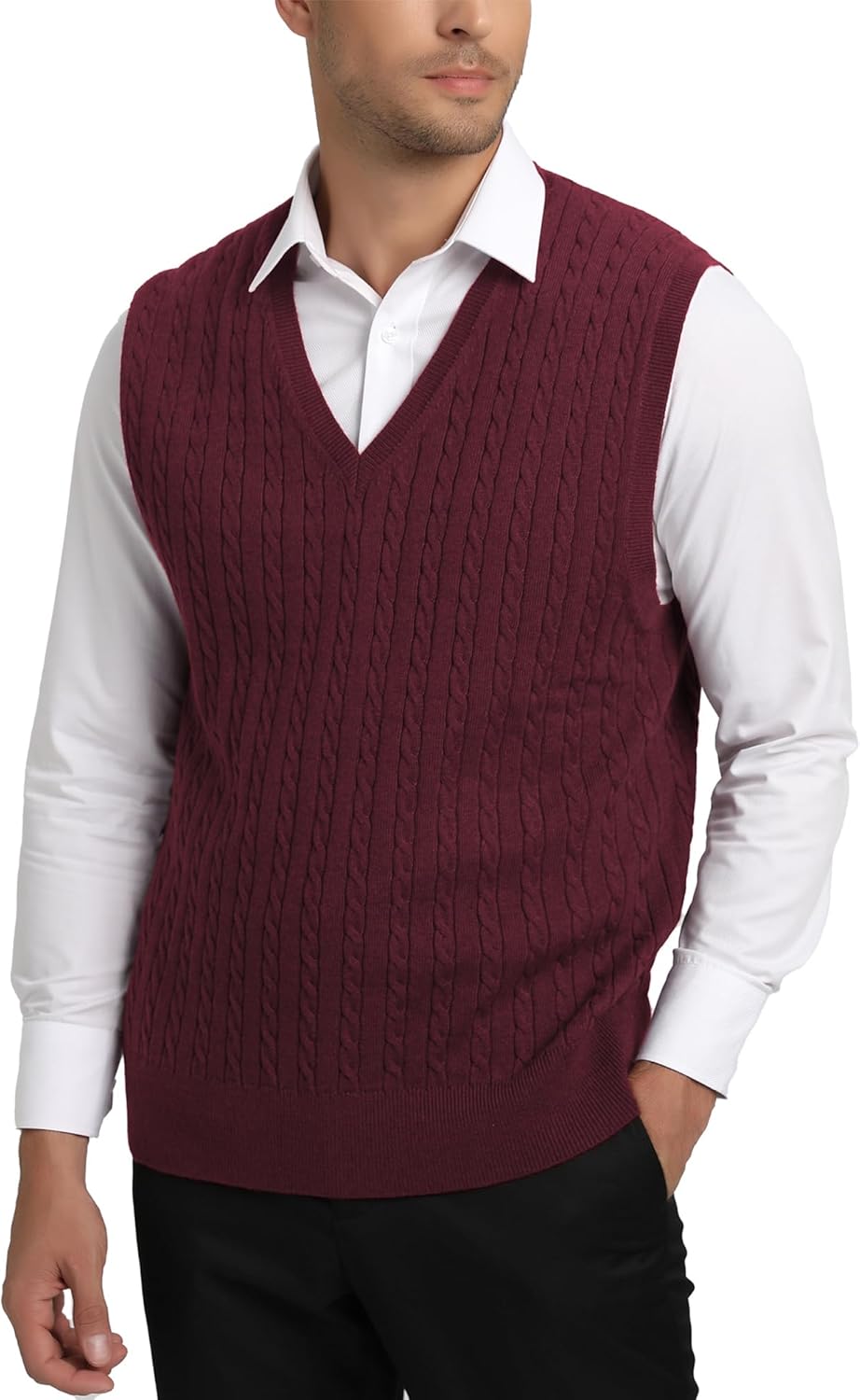 Kallspin Herren Strickweste Pulunder Ärmellos Zopfstrick V-Ausschnitt aus Wollmischung S Burgund, S
