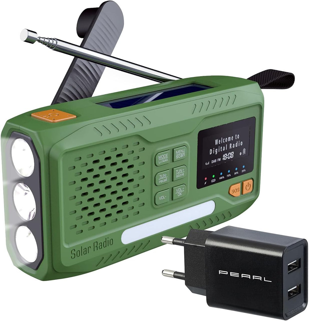 infactory Solar Radio: Mobiles DAB+-Kurbelradio mit EWF, Solarpanel, LED und USB-Netzteil (Dynamo Ku