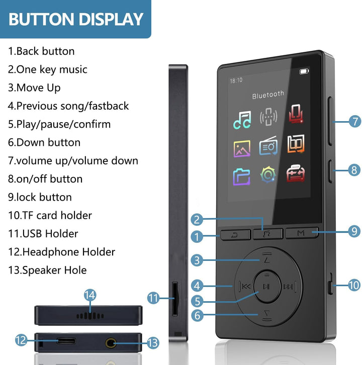 64GB MP3 Player Bluetooth 5.3, MP3 Player mit Lautsprecher, Musikwiedergabe, Sprachrekorder, E-Book,
