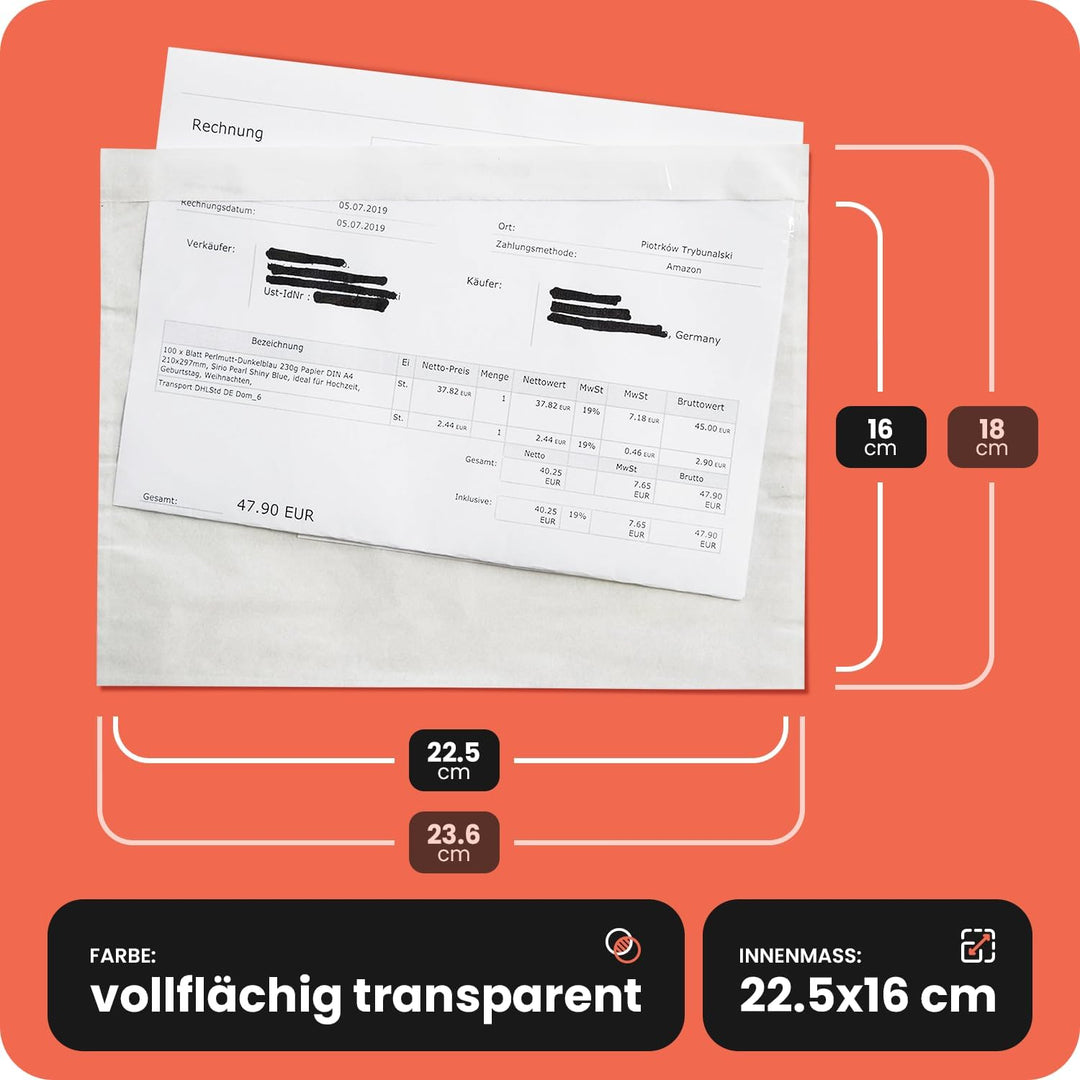 Netuno 5000 transparente Lieferscheintaschen selbstklebend DIN C5 240x 181 mm Begleitpapiertaschen C