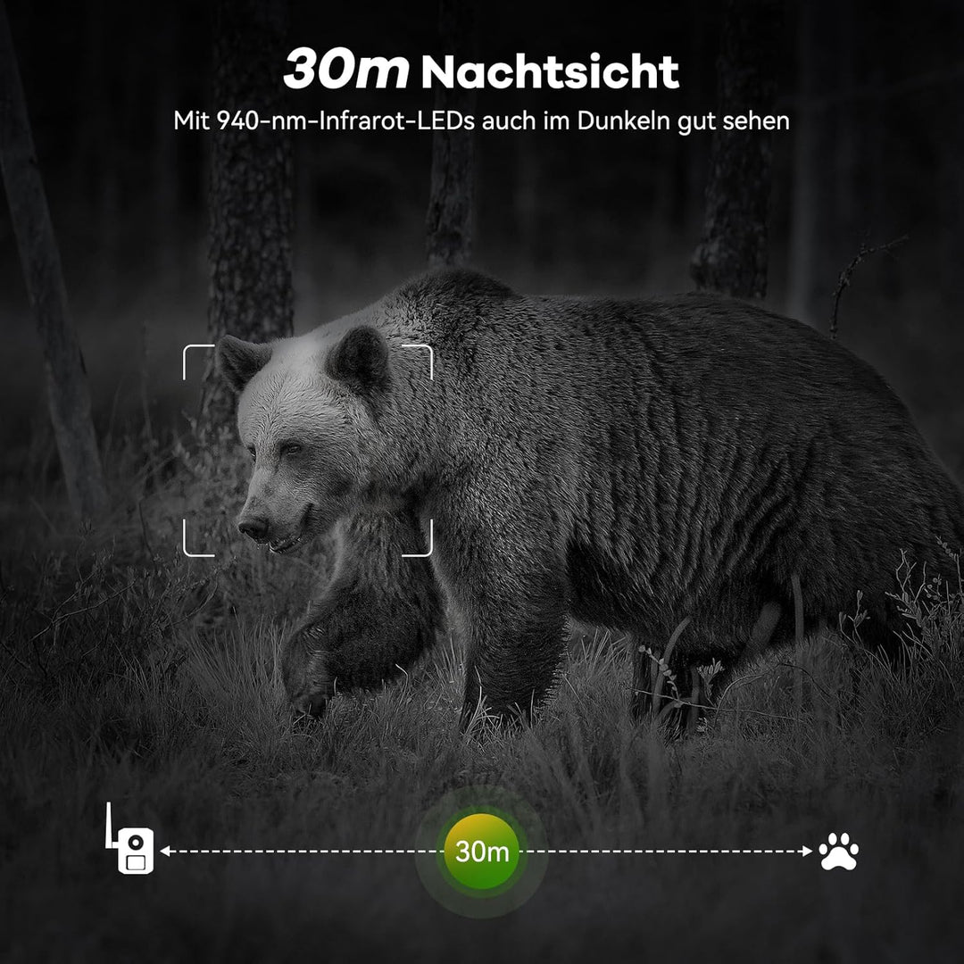 DEATTI 4G LTE Wildkamera mit Handyübertragung APP, 2.7K Solar Wildkamera mit SIM Karte, PIR Bewegung