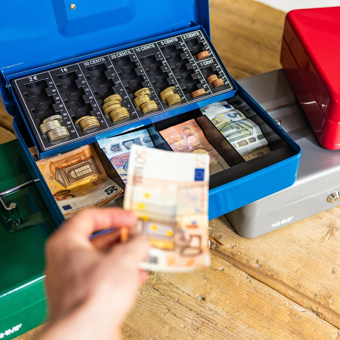 HMF 4215-05 Geldkassette abschliessbar mit Münzzählbrett | 30,5 x 24 x 8,5 cm | Blau, Blau
