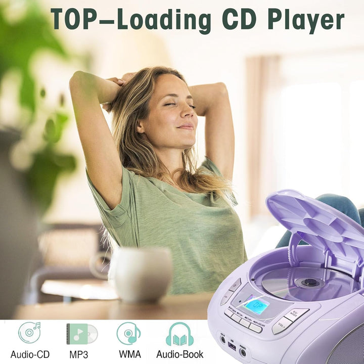 Tragbarer CD-Player für Kinder - Radio-CD-Boombox mit Bluetooth, FM-Radio, USB-Eingang & AUX-Anschlu