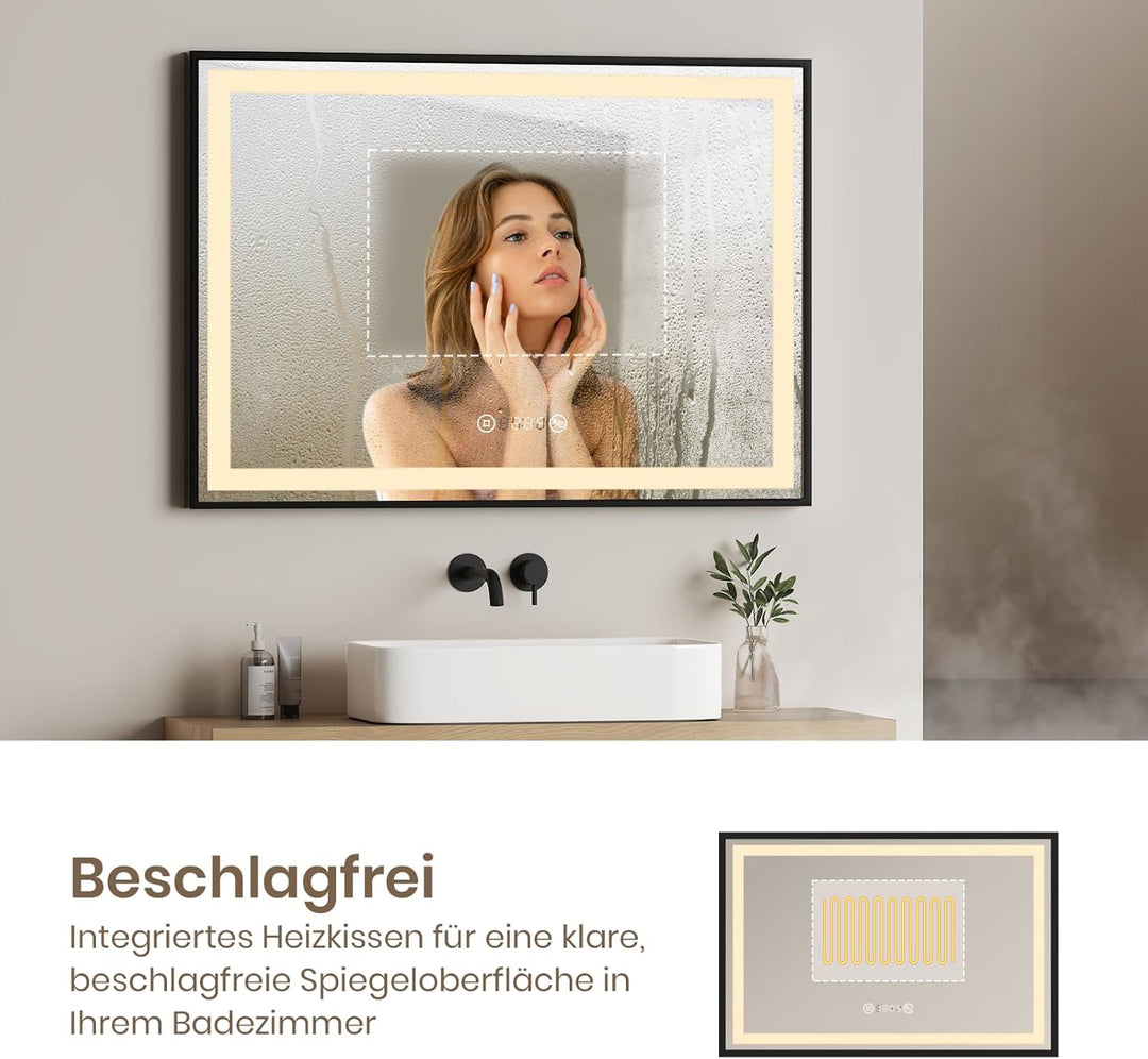 EMKE Badspiegel mit Beleuchtung 70x50cm Badspiegel Schwarzer Rand LED Badezimmerspiegel mit Touch, A