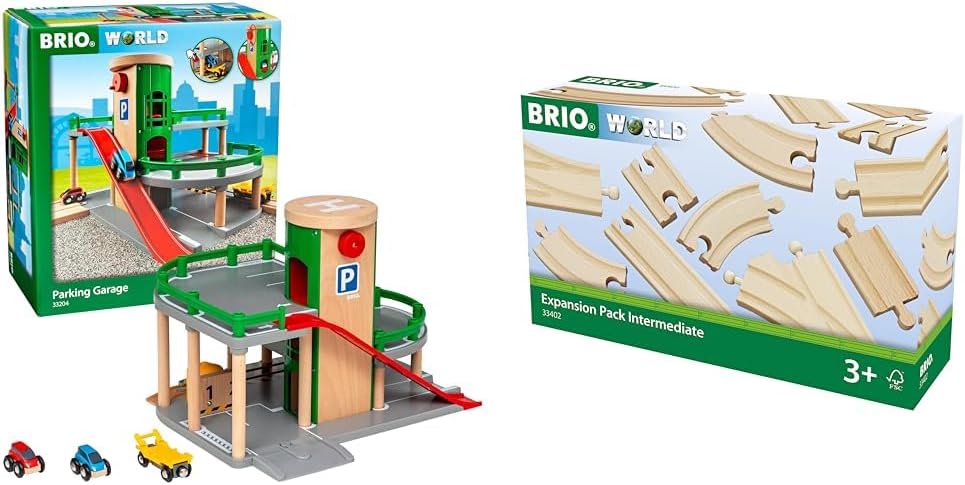 BRIO World 33204 - Parkhaus, Strassen & Schienen & Bahn 33402 - Mittleres Schienensortiment - 16 Gle