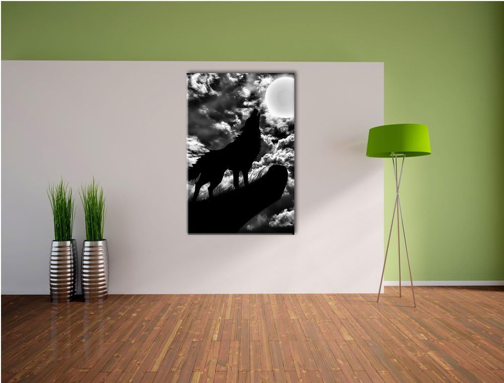 Pixxprint Wolf im Mondschein als Leinwandbild | Grösse: 100x70 cm | Wandbild | Kunstdruck | fertig b