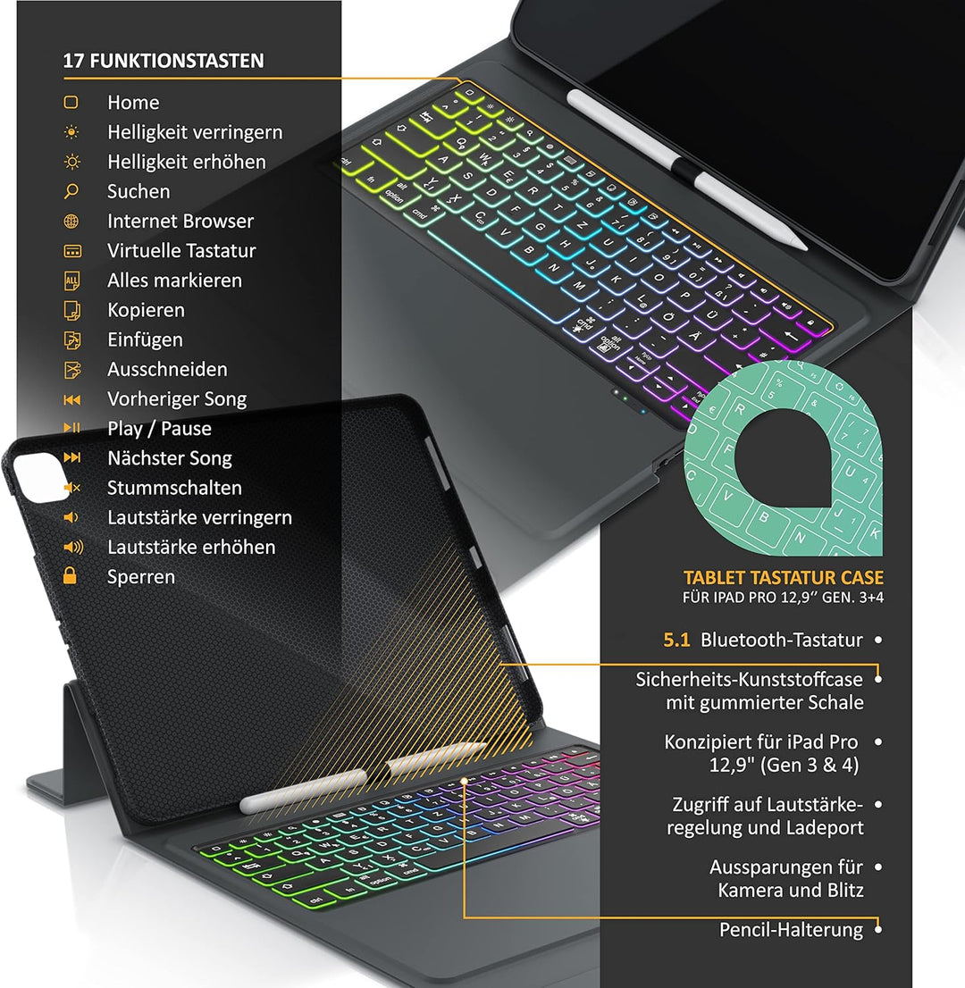 CSL - iPad Pro Tastatur Bluetooth mit Hülle - 12,9 Zoll - kompatibel mit iPad 4te, 5te, 6te Generati