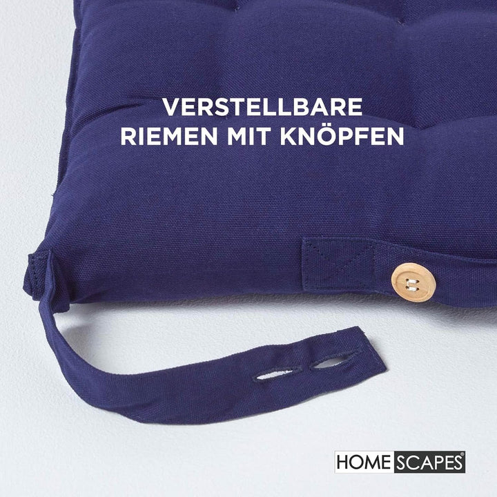 Homescapes 4er Set Stuhlkissen 40 x 40 cm, dunkelblau, Sitzkissen mit Bändern und Knopfverschluss, e