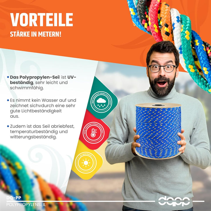 DQ-PP POLYPROPYLENSEIL | 10mm | 50m | ORANGE Polypropylen Seil | Traglast bis 1240 kg Tauwerk PP Fle