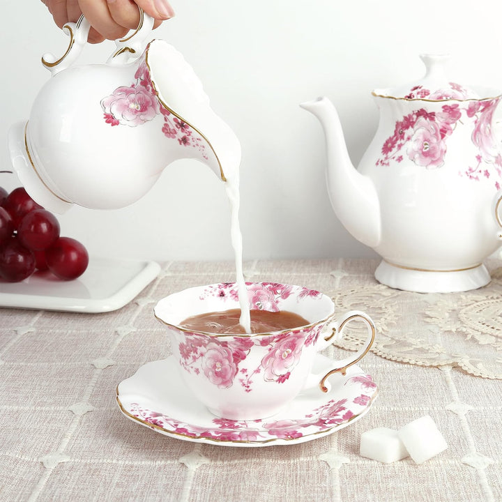 fanquare 21 Stück Rotes Lotus Porzellan Teeservice, Elegantes Blumen Kaffee Tasse und Untertasse Set