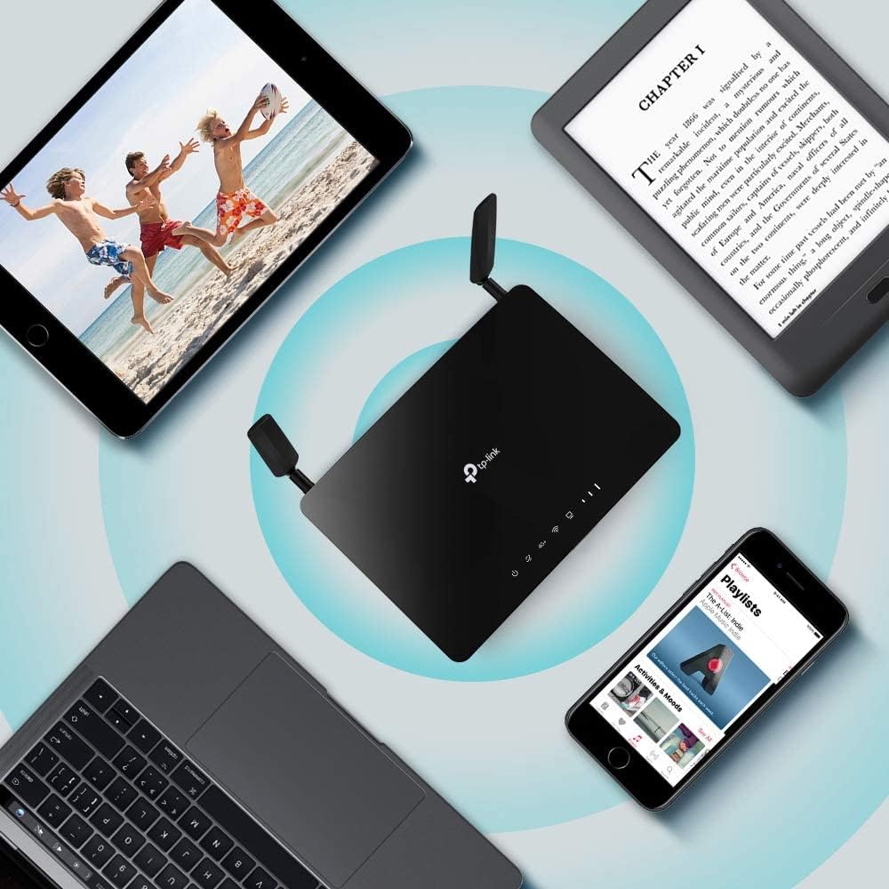 TP-Link Box, Router 4G+ LTE Cat.6 300 Mbit/s WLAN AC 1200 Mbit/s, 2 x SMA für externe Antenne, 4 RJ4