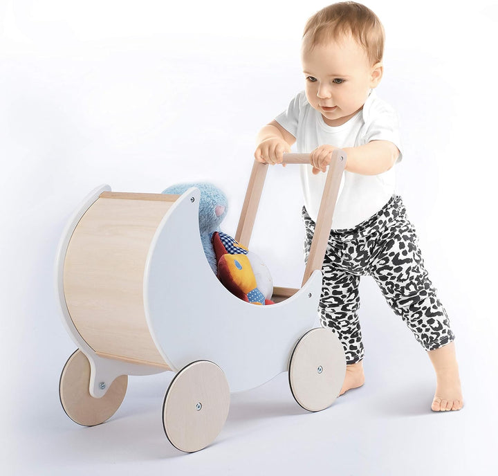 wuuhoo® Lauflernwagen Lou aus Holz - Puppenwagen als Lauflernhilfe in weiss mit gummierten Rädern un