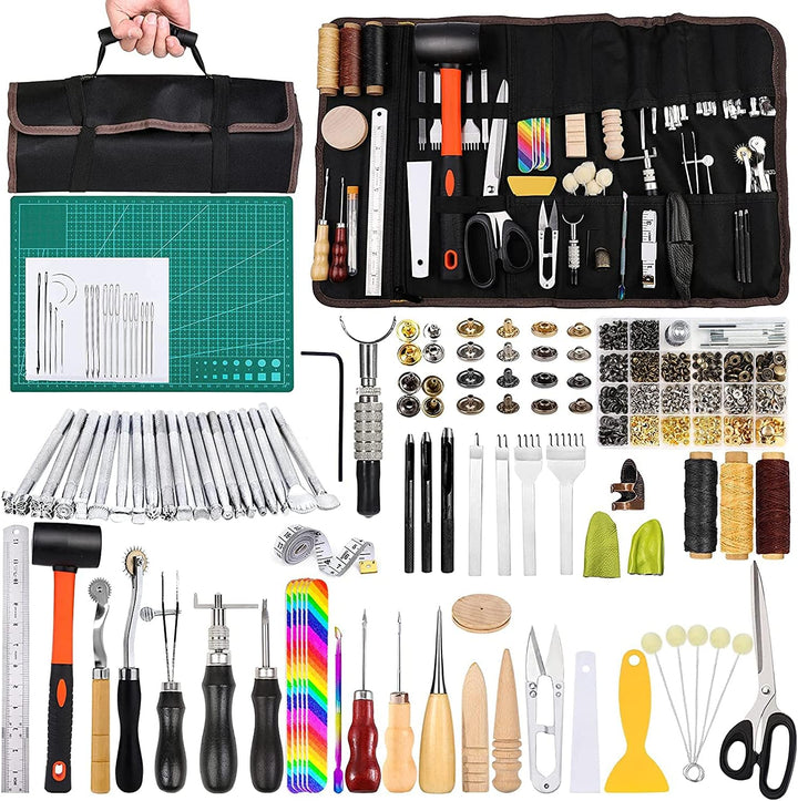 Leder DIY Set, 328 Stücke Leder Werkzeuge Leder DIY Werkzeug, Groover, Leder Nieten Set, Leder Stemp