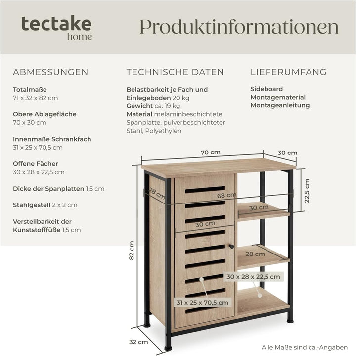 tectake Sideboard mit 3 Fächern und Schrankfach, 71 x 32 x 82 cm, Industrie-Design, Holz Kommode für