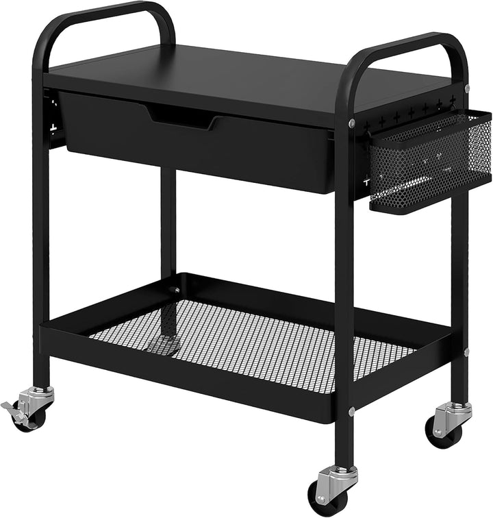 HOMCOM Servierwagen, Rollwagen mit 1 Schublade, 1 Ablage, Aufbewahrungswagen Beistellwagen mit Haken