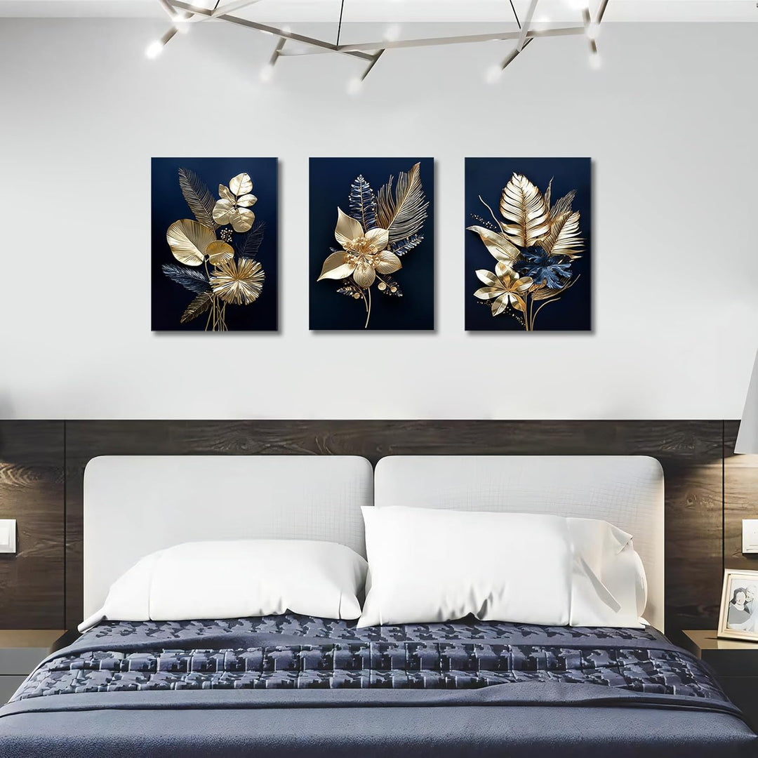 3 Panels 3D Marineblaue Goldblumen Mit Rahmen Leinwand Bilder Monstera Kokosnuss Blätter Bild auf Le
